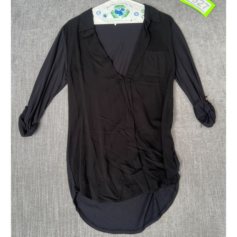 Splendid Tunic Shirt Womens XS Black Pima Cotton Roll-Tab Sleeve Button-Front